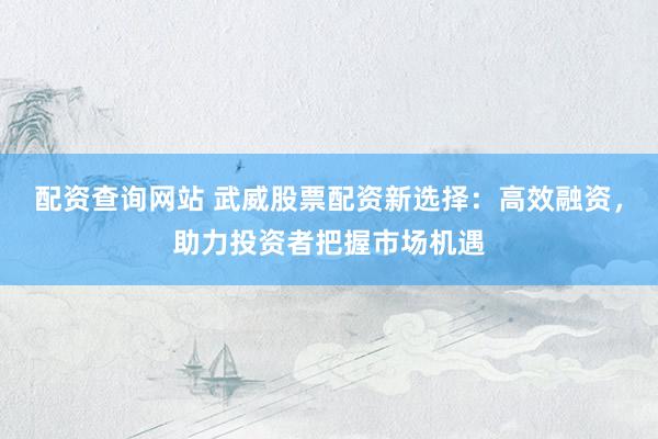 配资查询网站 武威股票配资新选择：高效融资，助力投资者把握市场机遇